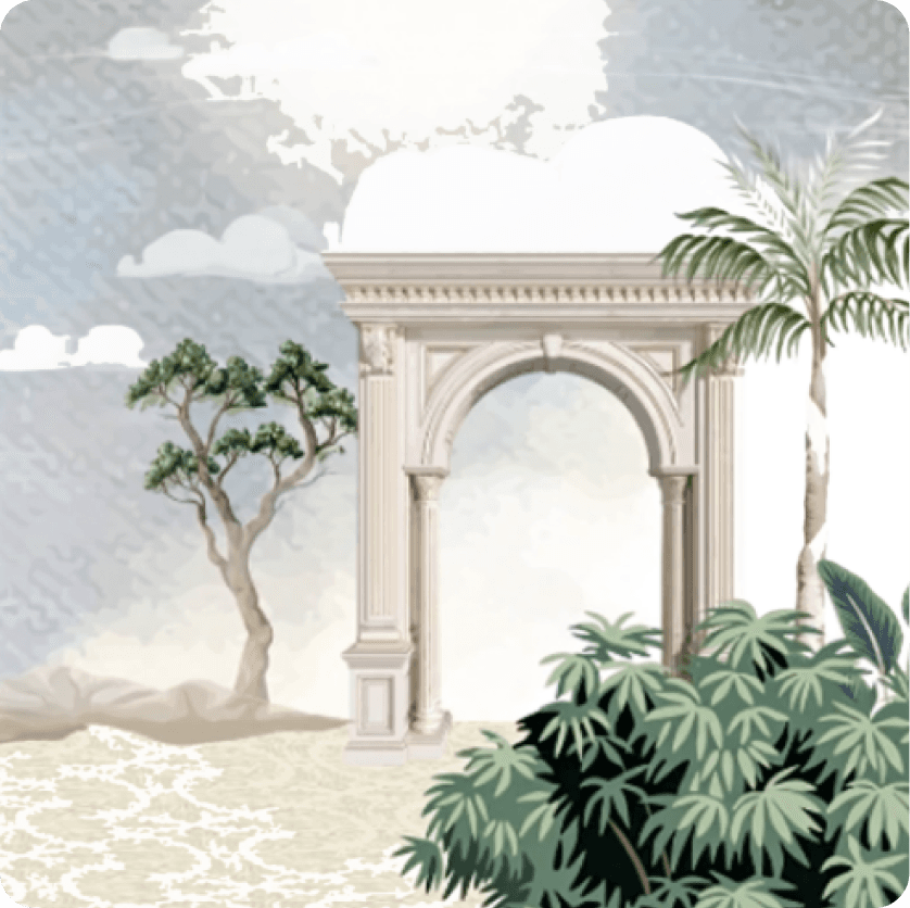 Paint-by-number stone archway with palm and olive trees