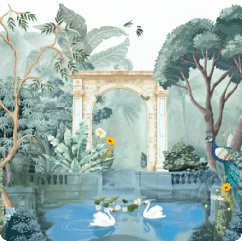Paint-by-number garden pond with swans and peacocks