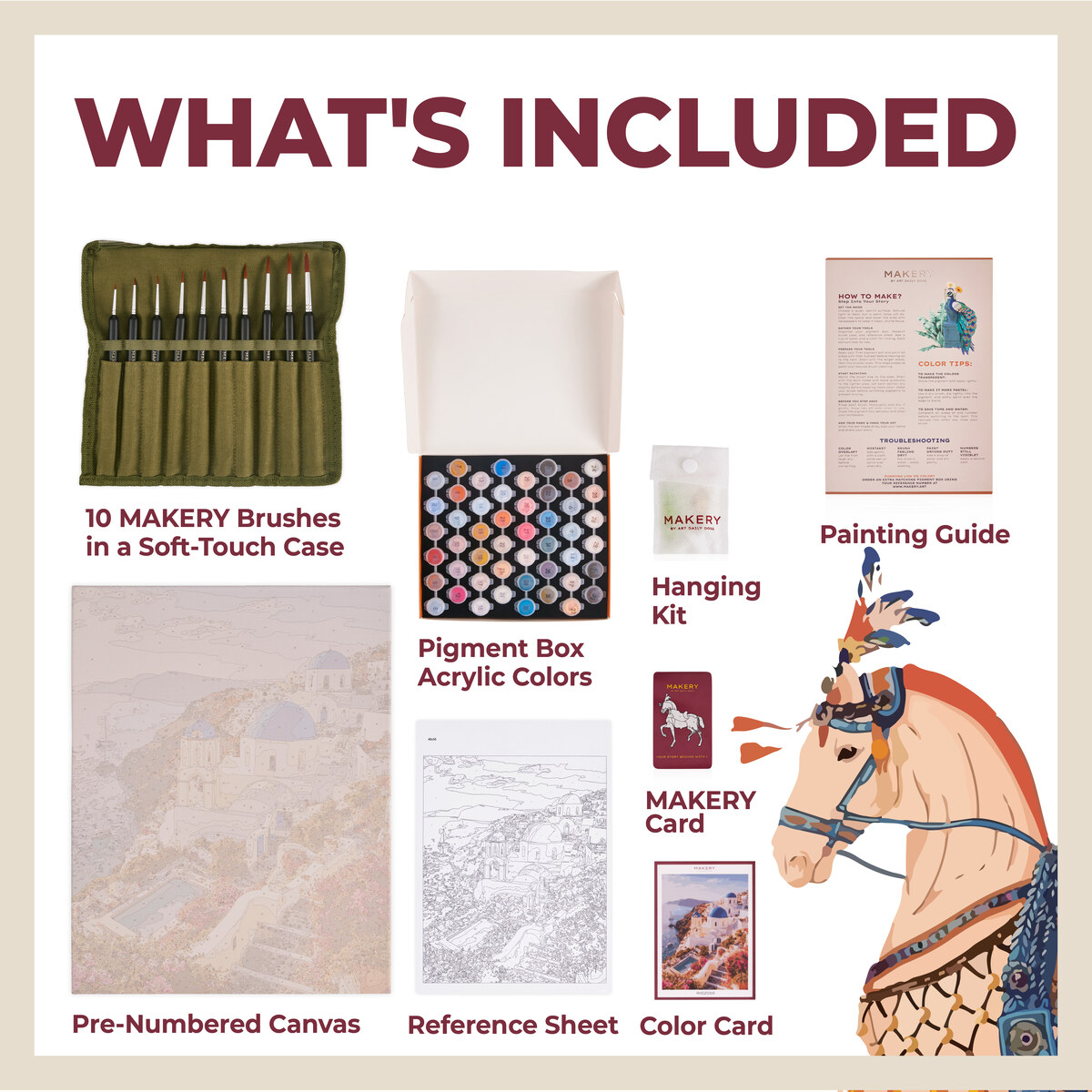 Everything included in the MAKERY kit: 10 brushes in a soft-touch case, pigment box acrylic colors, pre-numbered canvas, reference sheet, hanging kit, painting guide, MAKERY card, and color card
