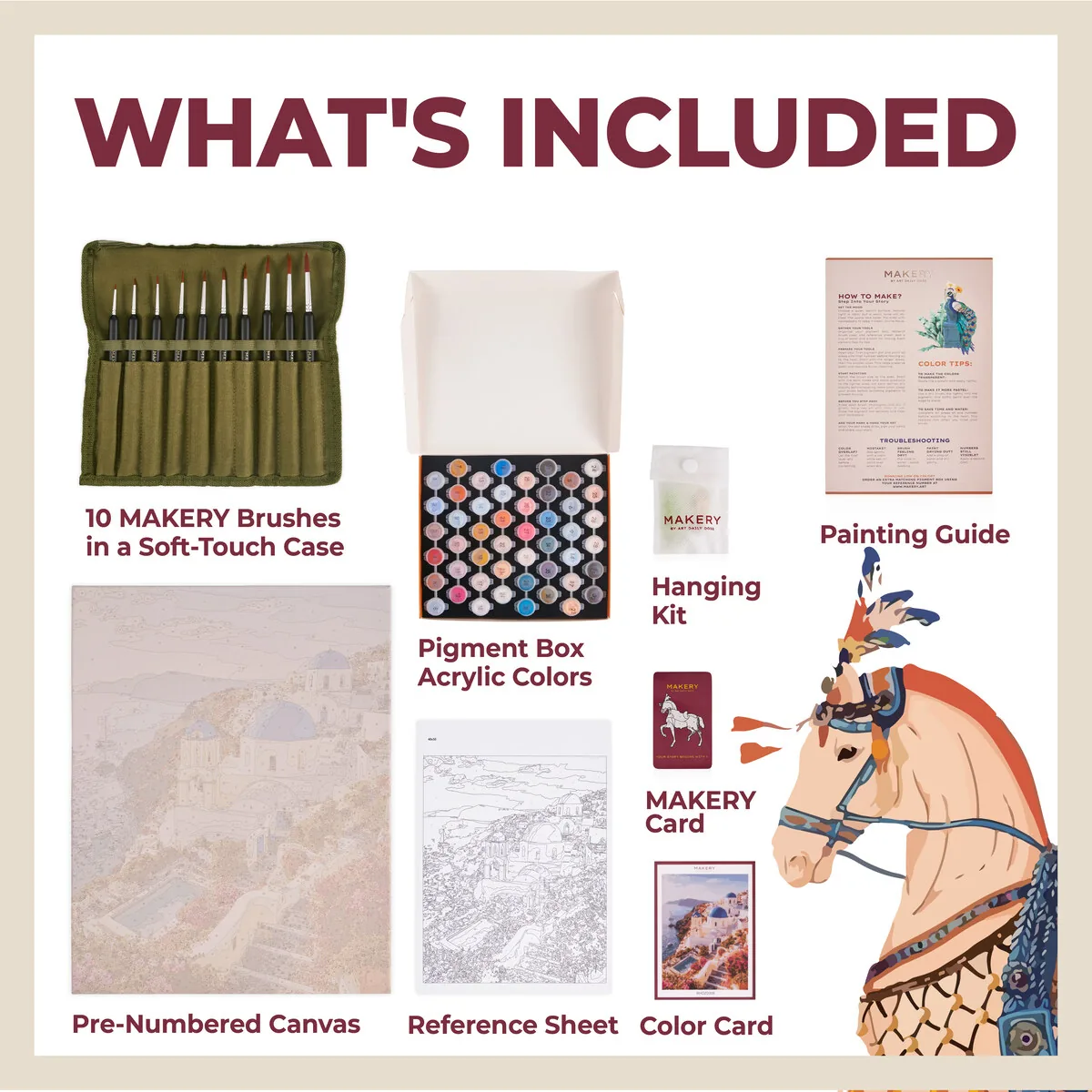 Everything included in the MAKERY kit: 10 brushes in a soft-touch case, pigment box acrylic colors, pre-numbered canvas, reference sheet, hanging kit, painting guide, MAKERY card, and color card